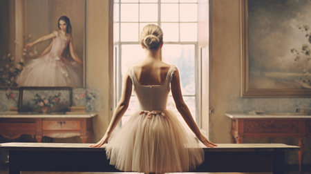 Ballerina in dress in the ballet studio back view. Generative AI.の素材