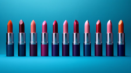 Lipsticks in a row on a blue background. Generative AI.の素材