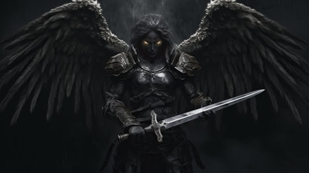 Unrecognizable Dark Angel with a medieval sword. Generative AI.の素材