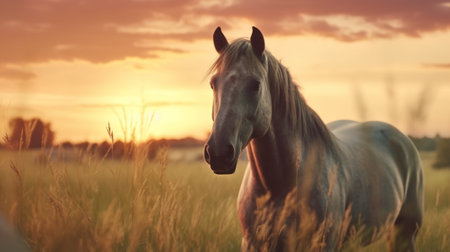 Horse in pasture with sunset in the background close-up. Generative AI.の素材