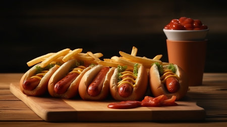 Hot dogs with ketchup and mustard on wooden background. Generative AI.の素材