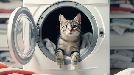 Fluffy cat sitting in a washing machine. Generative AI.の素材
