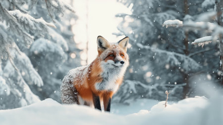Red fox in the winter forest. Generative AI.の素材