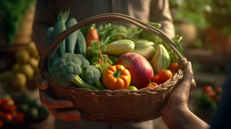 A farmer holds a basket of vegetables in his hands. Generative AI.の素材