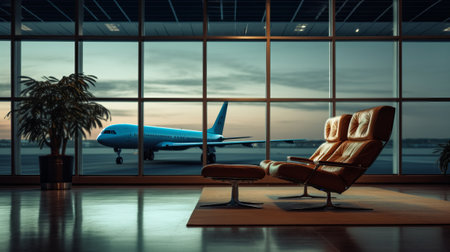 Empty airport terminal lounge with airplane on background. Generative AI.の素材