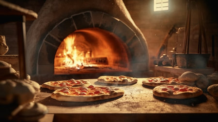 Pizza baking in a stone oven. Generative AI.の素材