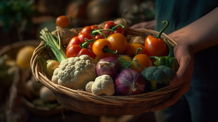 A farmer holds a basket of vegetables in his hands. Generative AIの素材