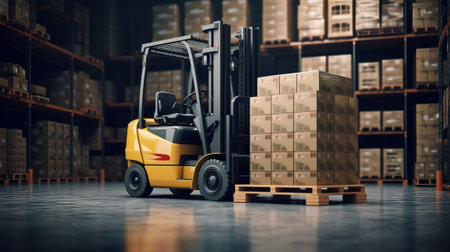 Forklift is loading pallet with boxes to shelves. Generative AI.の素材