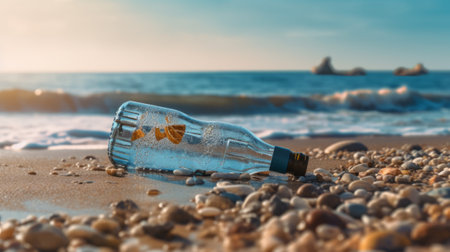 Plastic bottle on the beach on sea background. Generative AI.の素材