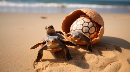 Turtles hatched from eggs on the beach and crawl. Generative AI.の素材