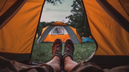 Close-up of man legs in camping tent. Generative AI.の素材