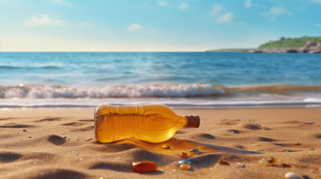 Plastic bottle on the beach on sea background. Generative AI.の素材