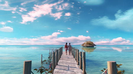A couple on the jetty of a tropical beach back view. Generative AI.の素材
