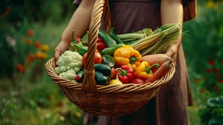 A farmer holds a basket of vegetables in his hands. Generative AIの素材
