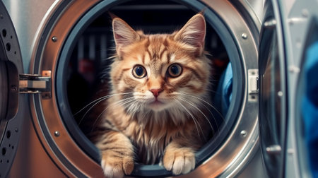Fluffy cat sitting in a washing machine. Generative AI.の素材