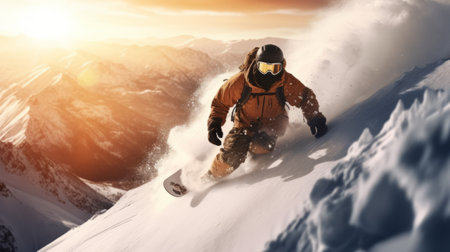 Man snowboarding down the mountain. Generative AI.の素材