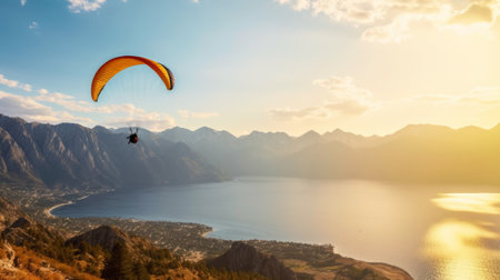 Paraglider flies over the sea against the background. Generative AI.の素材