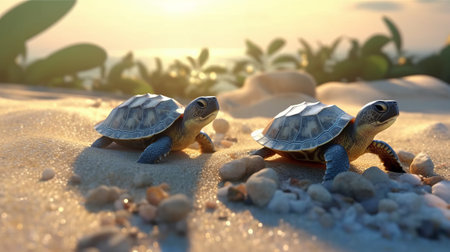 Turtles hatched from eggs on the beach and crawl. Generative AI.の素材