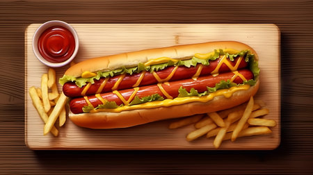Hot dogs with ketchup and mustard on wooden background. Generative AI.の素材