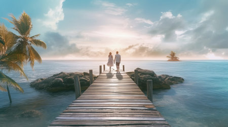 A couple on the jetty of a tropical beach back view. Generative AI.の素材