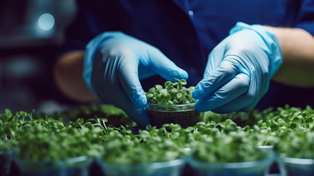 Person in blue gloves does quality control. Generative AI.の素材