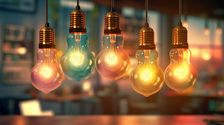 Decorative vintage Edison style light bulb with blurred background. Generative AI.の素材