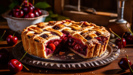 Freshly baked cherry pie on a wooden table. Generative AI.の素材