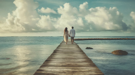 A couple on the jetty of a tropical beach back view. Generative AI.の素材