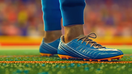 Close-up of a athletes feet in soccer shoes. Generative AI.の素材