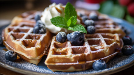 Close up of homemade belgian waffles. Generative AI.の素材