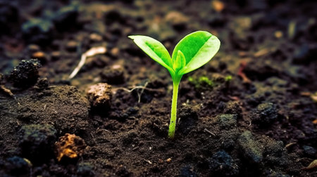 Young green plant in soil. Generative AI.の素材