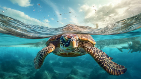 Big turtle swimming under clear ocean. Generative AI.の素材