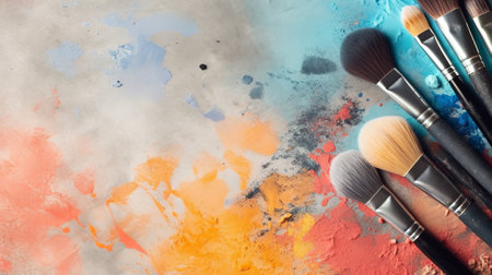 Makeup brushes and powder on colorful background top view. Generative AI.の素材