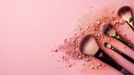 Makeup brushes and powder on pink background top view. Generative AI.の素材