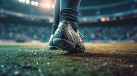 Close-up of a athletes feet in soccer shoes. Generative AI.の素材