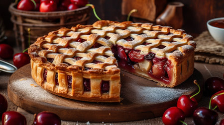 Freshly baked cherry pie on a wooden table. Generative AI.の素材