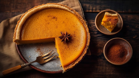 Pumpkin pie on a wooden table. Generative AI.の素材