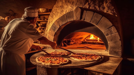Pizza baking in a stone oven. Generative AI.の素材
