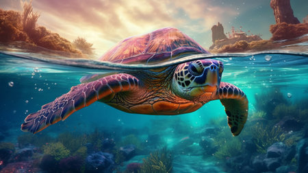 Big turtle swimming under clear ocean. Generative AI.の素材