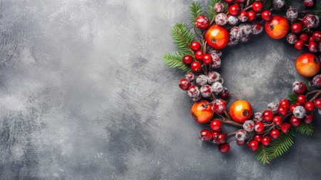 Christmas wreath on a stone background. Top view. Generative AI.の素材