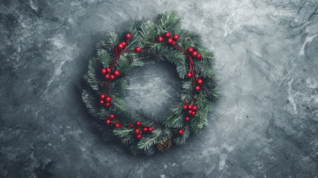 Christmas wreath on a stone background. Top view. Generative AI.の素材