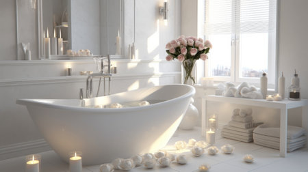 Elegant white bathroom interior rose and candles. Generative AI.の素材