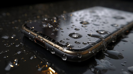 Smartphone in waterdrops waterproof phone. Generative AI.の素材