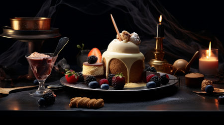 Haute cuisine dessert on restaurant table on dark backround. Generative AI.の素材