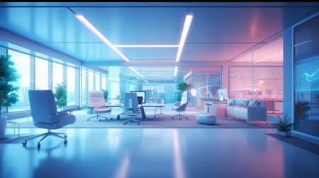 Modern furnished blurred office interior background. Generative AI.の素材