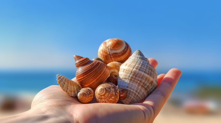 Sea shells in hands. Generative AIの素材