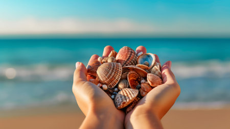Sea shells in hands. Generative AIの素材