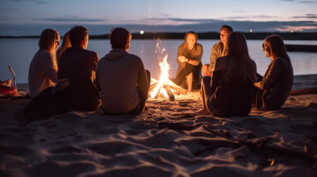 Blurred group of young people sitting by the campfire. Generative AIの素材