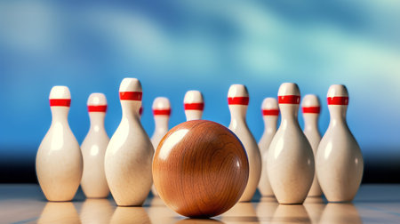 Picture of bowling ball hitting pins scoring a strike. Generative AIの素材