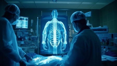 Doctor examining patient x-rays in oper. Generative AI.の素材